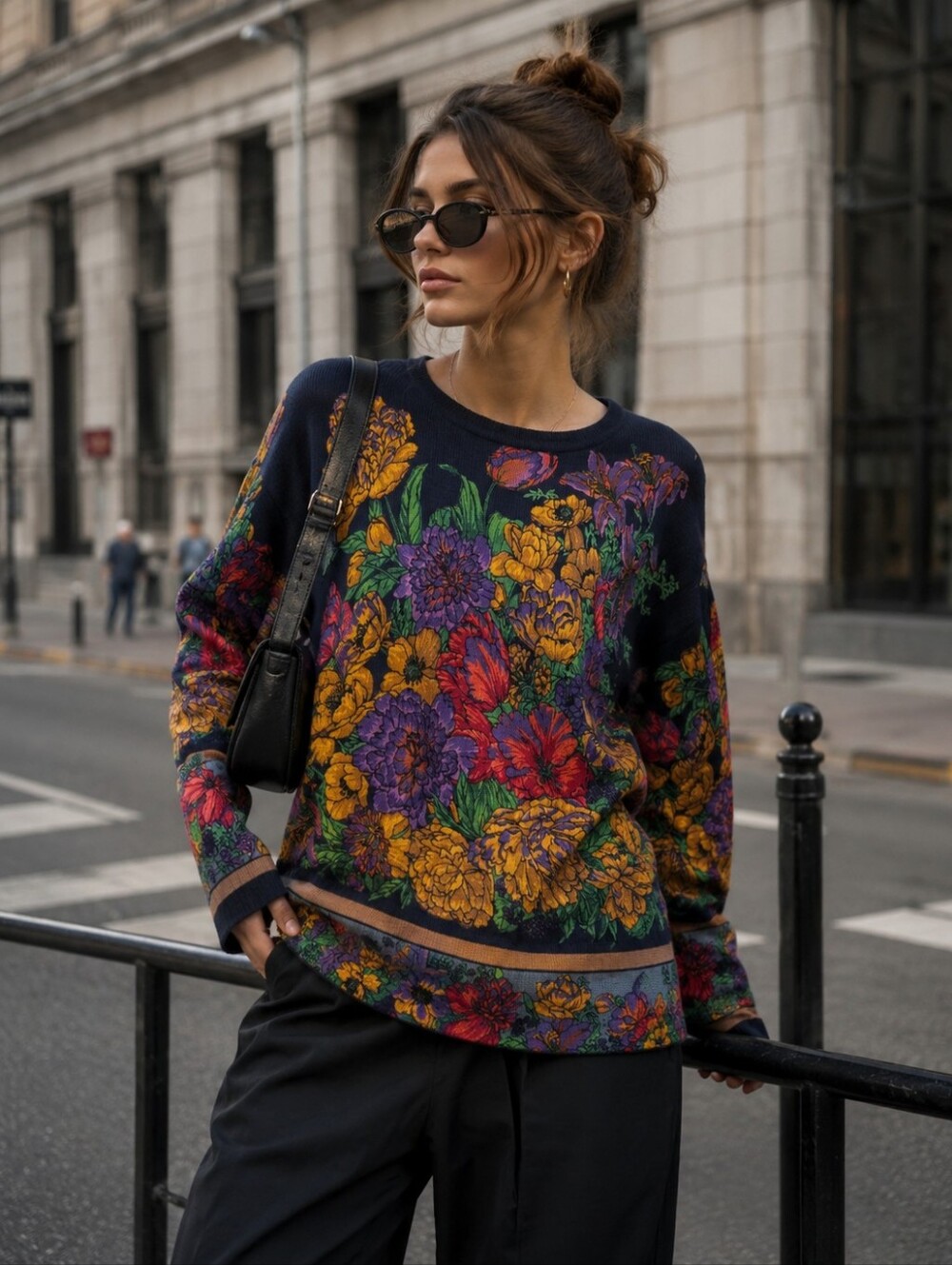 ANGELO MARANI ITALY 100% EXTRAFINE MERINO WOOL FLORAL SWEATER TOP NAVY | M